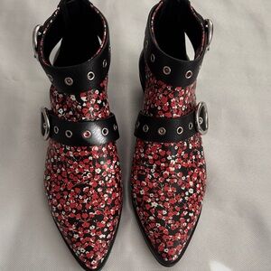 Rebecca Minkoff Red and Black Floral Ankle Boots